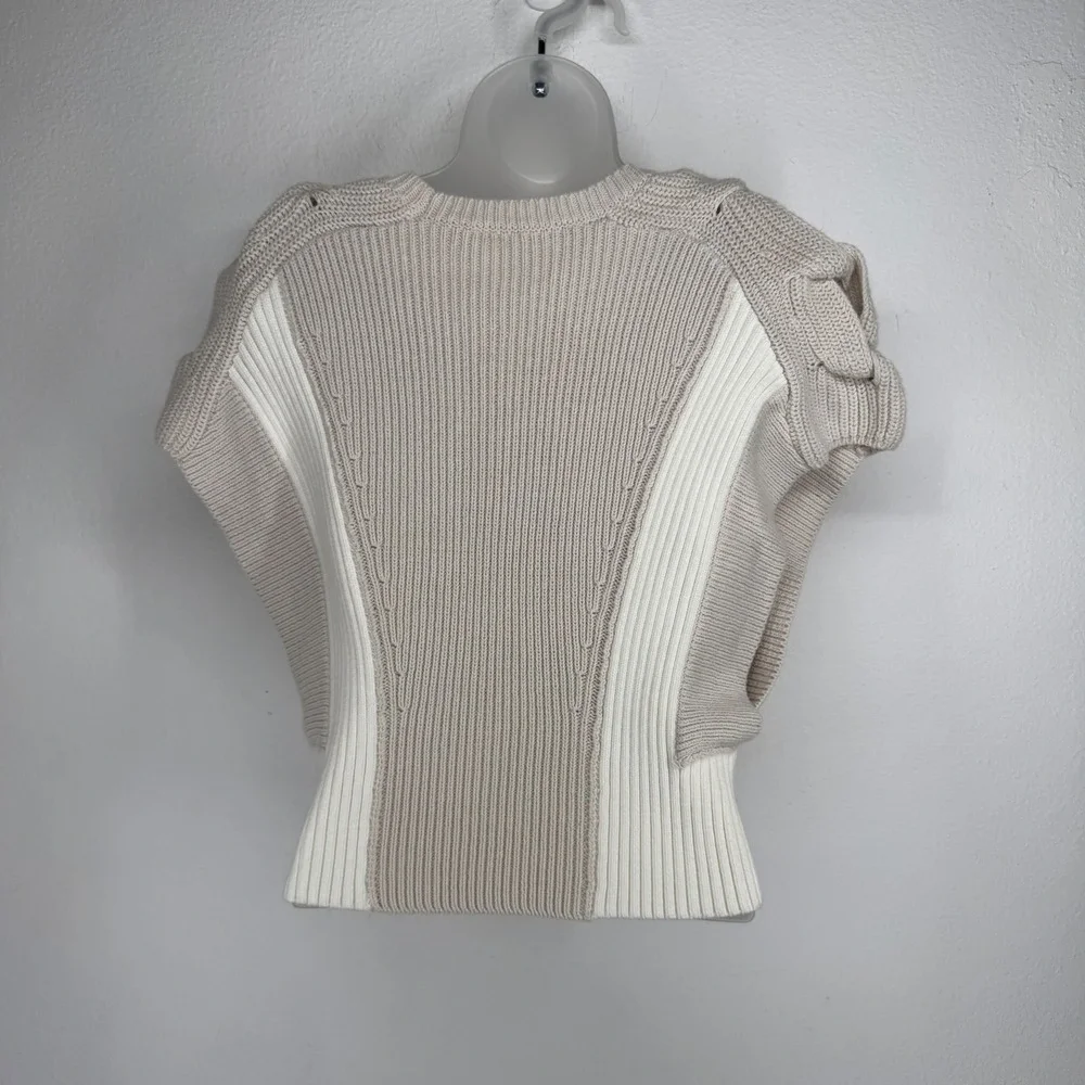 IRO Paris Kalou Ribbed Knit Two Tone Short Sleeve Sweater Beige Cream Small